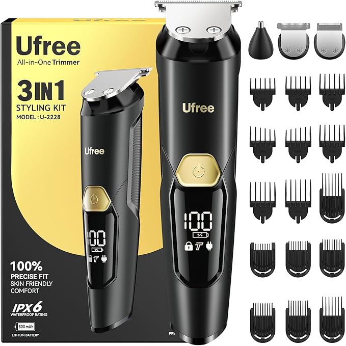 Ufree 3-in-1 Beard Trimmer Men, Men's Electric Shavers Razor for Mustache Nose Facial Hair, Professional Hair Clippers, Rechargeable Waterproof Beard Grooming Kit for Men, Birthday Gifts for Men