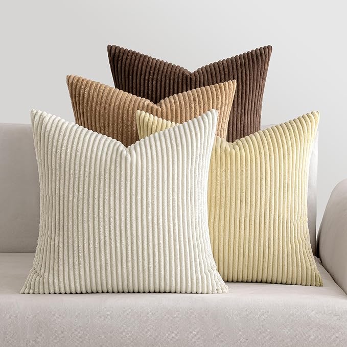 MIULEE Corduroy Cushion Covers Soft Decorative Square Throw Pillow Covers for Spring Cushion Soft Pillowcase Striped Corduroy Cushion Covers Pack of four for Home decor Sofa 18x18 Inch Coffe Brown