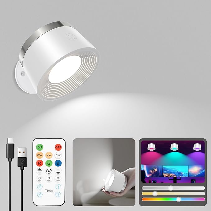 Battery Operated Wall Lights, LED Rechargeable Wall Lights Indoor, 3500mAh Magnetic Wall Lamp with Remote, 3 Color Temperatures & 13 RGB & Dimmable 360° Free Rotation Sconces Wall Lighting[Energy Class A]
