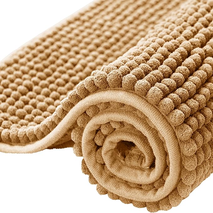 Bath Mat Non Slip Anti Mould 40 x 60 cm – Beige Chenille Bathroom Mat Extra Soft & Fluffy Bathmat Machine Washable Super Water Absorption Shower Mat