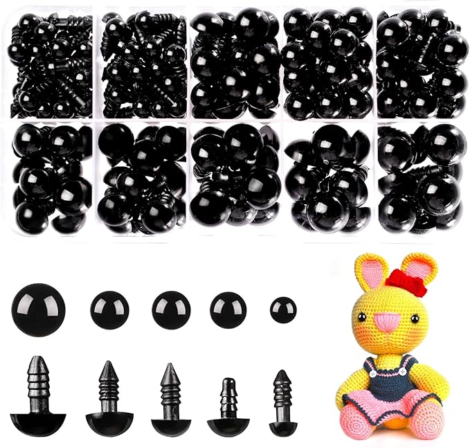 Safety Eyes 400pcs 6-12mm Plastic Black Safety Eyes for Crochet Toys with Washers Crochet Eyes for Amigurumi, Stuffed Toy and Plush Stuffed Animals