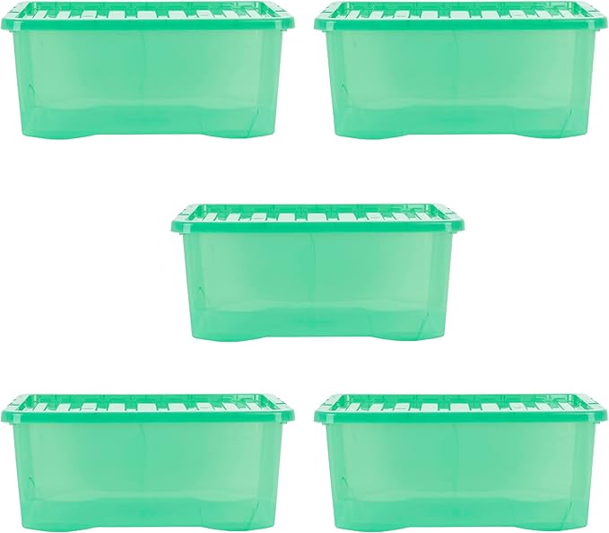 Wham Crystal 5 x 45L Stackable Plastic Storage Boxes with Lids | Ideal for Home, Office, Toys & More | Large Boxes | Made in UK - Leprechaun Green