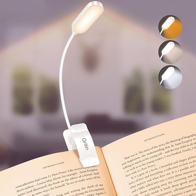 Gritin 16 LED Reading Light, Book Light 3 Eye-Protecting Modes Reading Lamp (White/Amber/Mixed) - Stepless Dimming, Rechargeable, 4-Level Power Indicator, Flexible Clip on Book Lamp- White