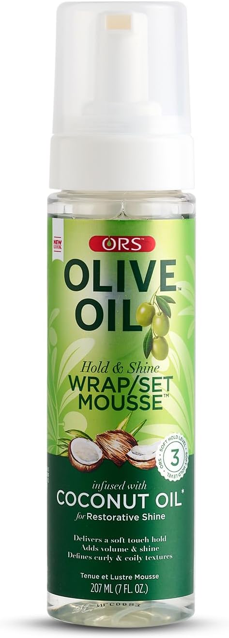 ORS Olive Oil Wrap/Set Mousse with Coconut Oil – Fast-Drying Styling Foam for Natural, Relaxed & Textured Hair – Ideal for Wraps, Moulding & Roller Sets – 207ml