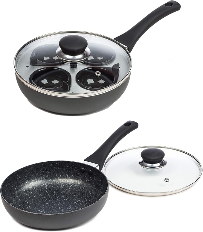 ChefMate 20cm 4 Egg Cup Non-Stick Frying Pan and Egg Poacher - Induction Suitable - Multicolour - 0.75L - 0.97kg