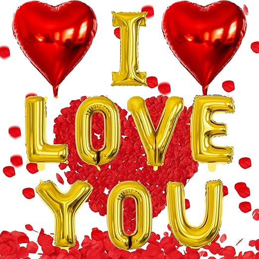 Gold I Love You Balloons Decorations - Red Heart Foil Balloons with Rose Petals, 18 Inch Valentines Balloon for Romantic Valentines Wedding Anniversary Proposal Engagement Party Decorations