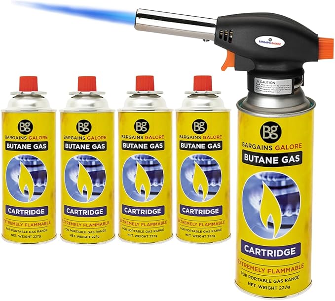 Blow Torch with 4 Butane Gas Bottles - for Camping, Cooking, Kitchen, BBQ, Desserts, Creme Brulee | Refillable Flamethrower Welding Refill Auto Ignition Soldering Weed Burning Blowtorch Lighter
