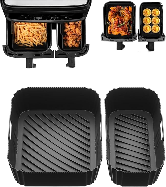 Silicone Air Fryer Liner for Tefal 8.3L Dual, Air Fryer Accessories for Tefal Easy Fry 8.3L, Lakeland Air Fryer 8L, Tower T17099 5.2L/3.3L and Salter EK5729 Dual Drawer 5.5L/3.5L（2Pcs Black）