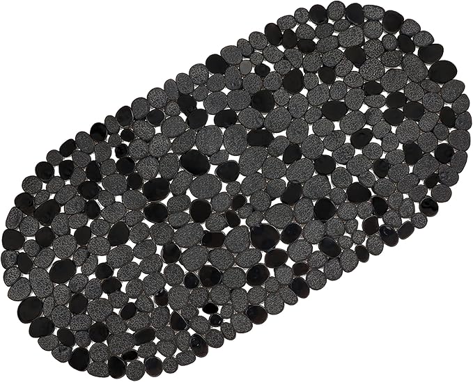 WELTRXE Shower Mat Non Slip Anti Mould Bathtub Mat For Bathroom Safety, Anti Slip Bath Mats, Anti Skid Oval PVC Bath Tub Mat with Grip Suction Cups & Drain Holes, Machine Washable, Black, 69 x 36 cm