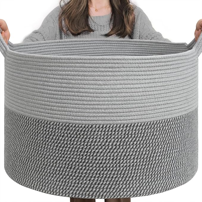 Extra Large Laundry Basket Rope Washing Baskets for Laundry Blanket Baskets for Nursery Bedroom Living Room Decort Woven Storage Basket with Handle for Dirty Clothes Towels Toys, 55x35cm, Grey