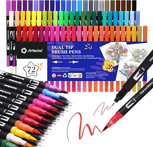 Artecho Dual Tip Colouring Pens, 72 Colours, Fine Felt Tip Pens, Drawing Markers, Brush Pen Set Suitable for Adult Colouring Books, Calligraphy, Drawing and Sketching - Art Supplies for Women and Men