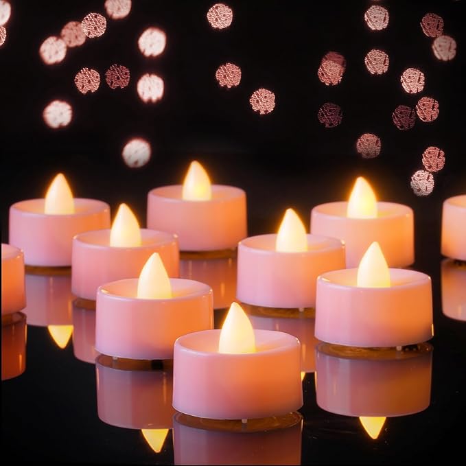 AMAGIC 24 Pack Pink Colour Holiday Flicker Bright LED Tea Lights, Electric, Battery Operated for Table Centrepieces, Living Room Decortion, Wedding, Romantic[Energy Class A]