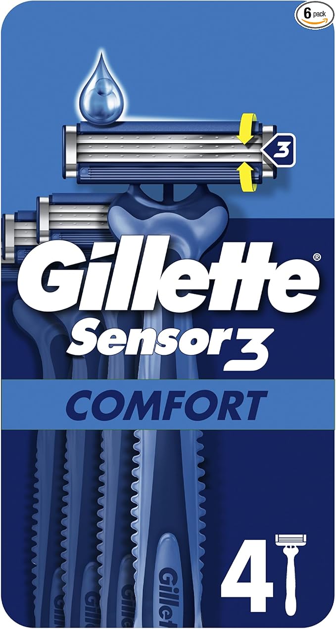 Gillette Sensor3 Comfort, Disposable Shaving Razors for Men, Men’s Razors with Lubrastrip, 6x4-Pack,Packaging May Vary