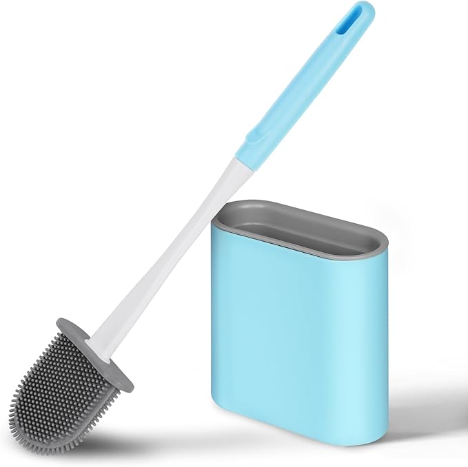 Vicloon Silicone Toilet Brush, Toilet Brush and Holder Set with Quick Drying Holder, Deep Cleaning Bendable Brush Head with No-Slip Handle and Flexible Silicone Soft Bristle for Bathroom Toilet (Blue）