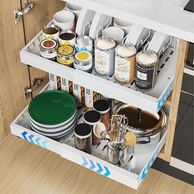 2 Pack Expandable Pull Out Cabinet Organizer, Slide Out Drawers for Kitchen Cabinets, Pull 0ut Kitchen Storage 53cm deep with 8 crockery holders White