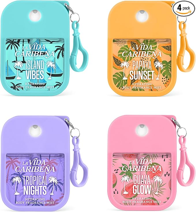 La Vida Caribeña Hydrating Body Mist 4-Pack Gift Set – Travel Size 35 ml Each – Papaya Sunset, Guava Glow, Island vibe & Tropical Nights | Fine Fragrance Mists, Light Long-Lasting Spray, Gift-Ready