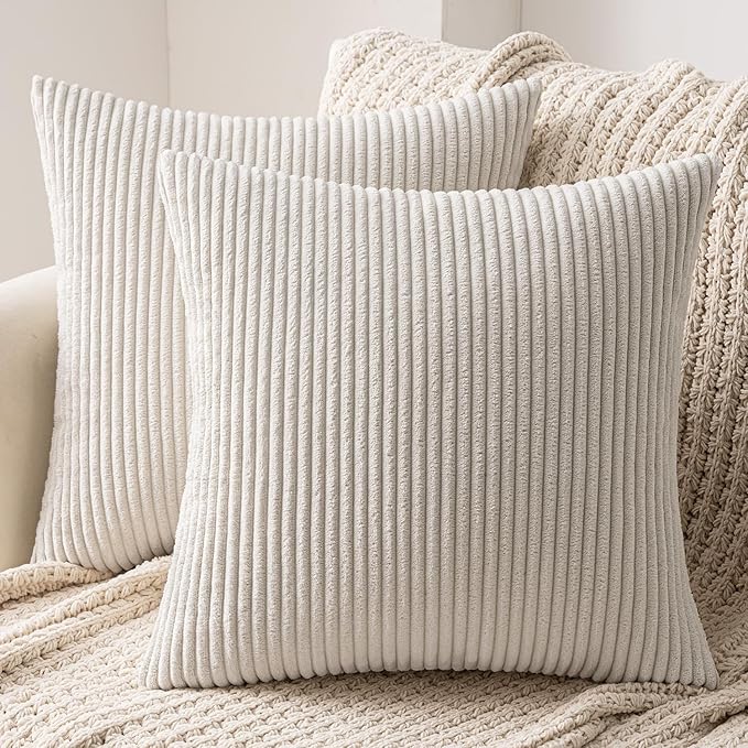MIULEE Set of 2 Striped Corduroy Square Throw Pillow Case Soft Cushion Cover Sham Home for Sofa Chair Couch/Bedroom Decorative Fluffy Large Pillowcases 18x18 Inch 45x45cm Cream White