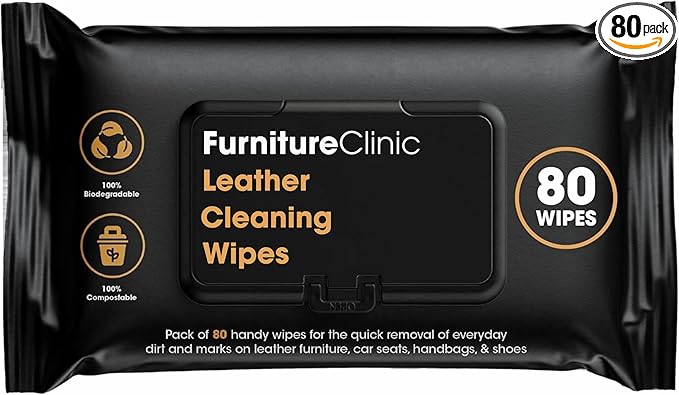 Furniture Clinic Leather Wipes for Cleaning Leather & Vinyl Upholstery, Sofa, Handbags, Car Interior, Seat & Dashboard - Furniture & Jacket Cleaner - Residue & Streak Free Wipe - 80 Wipes