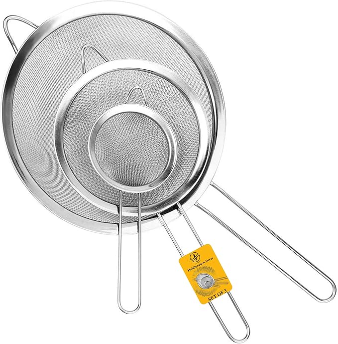 Sieves and Strainers Set - Metal Sieve Stainless Steel, Fine Mesh Strainer | Pack of 3 | Kitchen Sieve Fine Mesh, Sive Cooking, Flour for Baking Rust Free Seive, Dishwasher Safe SIV, Colander