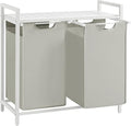 VASAGLE Laundry Basket, 2-Compartment Laundry Hamper, Pull-Out and Removable Liner Bags, Clothes Sorter, Shelf, Metal Frame, 2 x 46 L, 73 x 33 x 72 cm, Cream White and Matte White BLH201W01