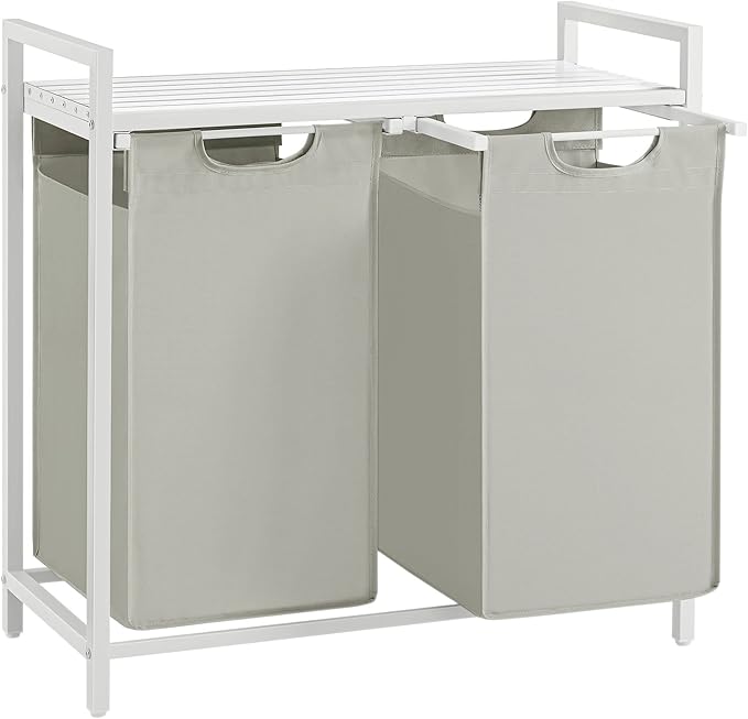 VASAGLE Laundry Basket, 2-Compartment Laundry Hamper, Pull-Out and Removable Liner Bags, Clothes Sorter, Shelf, Metal Frame, 2 x 46 L, 73 x 33 x 72 cm, Cream White and Matte White BLH201W01