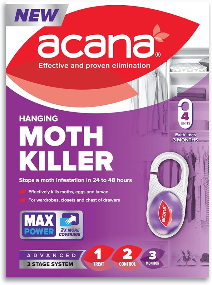 Acana Hanging Moth Killer 4 Pack for Wardrobes - Max Performance - Kills in 24 to 48 Hours - Protects Clothing & Bedding