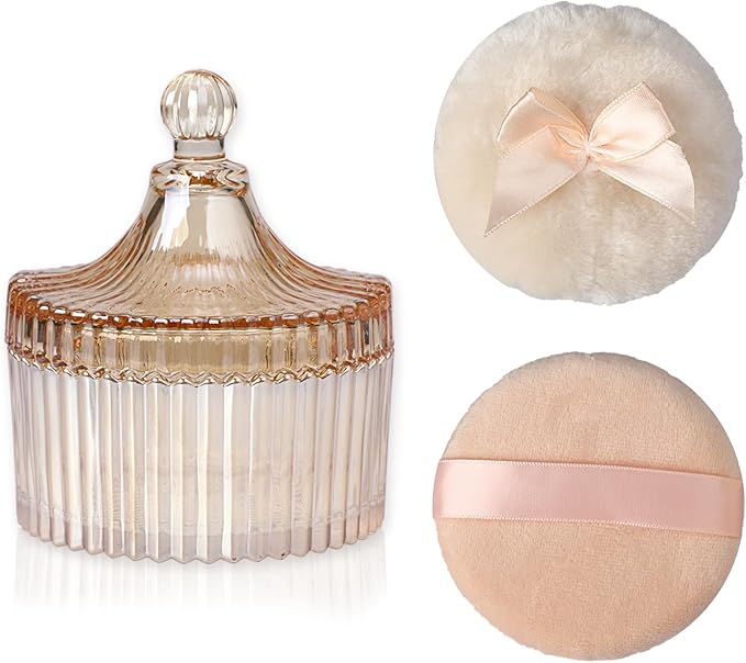 Glass Body Powder Puffs and Container, Dusting Powder Container with 2 Puffs Washable and Reusable for Women, Empty Talcum Box Container for Baby, Small, Amber