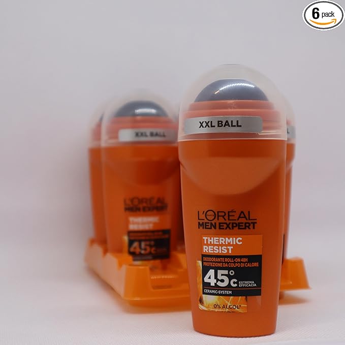 L'Oréal Paris Men Expert 48H Thermic Resist Anti-Perspirant Roll On Deodorant for Men, 50ml Pack of 6, Bulk Buy