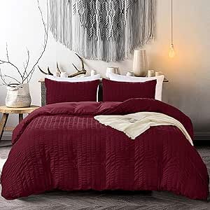 3 Pieces Burgundy Seersucker Duvet Cover Set Pinch Pleat Bedding Set,Zipper Closure and 2 Pillowcases,Soft Microfiber,King 220 x 230 cm