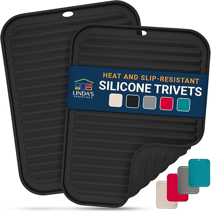 Linda's Essentials Silicone Trivets for Hot Pans and Pots (2 Pack) - Multipurpose Silicone Heat Resistant Mat and Pot Holder Trivet (30 x 23cm) - Heatproof Mats for Kitchen (Black)