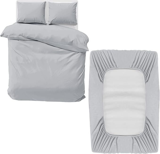 MOONLIGHT20015 Double Bedding Set 4 Piece Duvet Cover Fitted Sheet with Pillow cases Soft Brushed Microfiber Duvet Cover sets Silver