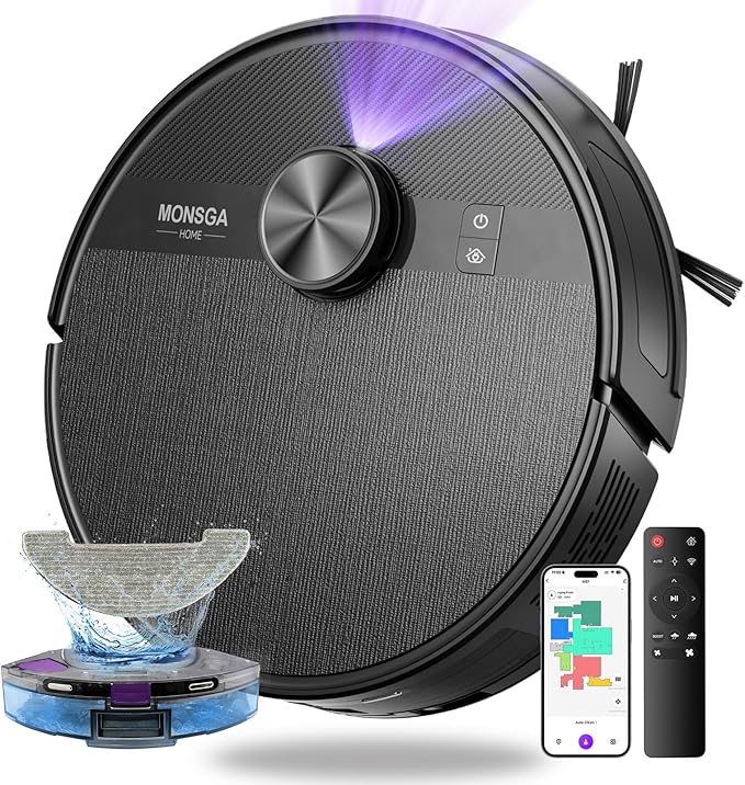 MONSGA MS1 Robot Vacuum Cleaner with Mop, 7000Pa Robotic Vacuum with Lidar Navigation, 180mins Runtime, 5 Editable Maps, APP/Remote/Voice Control, Ideal for Hard Floors and Carpets
