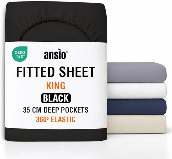 ANSIO® King Size Fitted Sheet Soft Brushed Microfibre Fabric – Extra Deep Pocket 35cm – All-Around Elastic – OEKO-TEX Certified – Easy Care & Naturally Smooth After Wash - Black