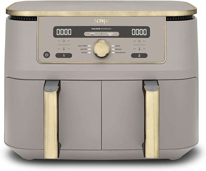 Ninja MAX Dual Zone Digital Air Fryer, 2 Drawers, 9.5L, 6-in-1, Uses No Oil, Air Fry, Max Crisp, Roast, Bake, Reheat, Dehydrate, Non-Stick, Dishwasher Safe Baskets, Stone Gold DZ400UKSTGD