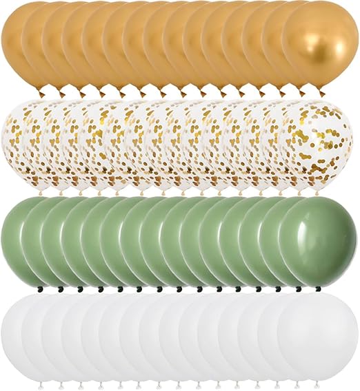 Metallic Gold, Sage Green, and White Balloons - 60 Pcs 12 Inch Confetti Balloons for Party