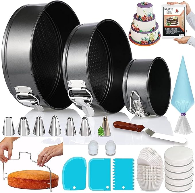 RFAQK Cake Tins for Baking 100 Pcs Springform Cake Tins Kit Includes 3 Round Non-Stick Cake Pan (4,7,9 inches Baking Tins)-Piping Bags and Nozzles-Leveler–Leak Proof Cheesecake Tin-Bakeware & EBook…