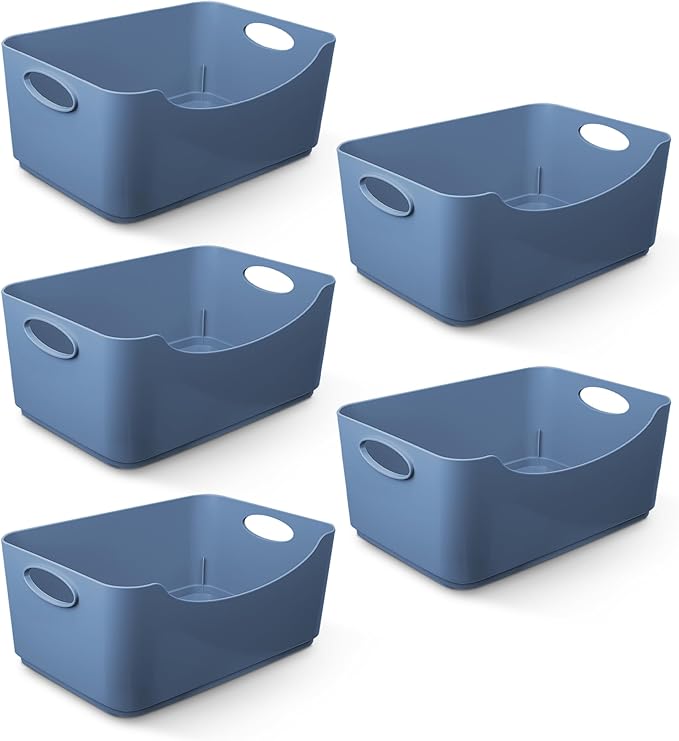 KEPLIN 5 Pack Blue Plastic Studio Storage Basket, Portable Container Boxes with Handles for Storage Organisation in Home & Office, Shelfs, Drawers, Kitchen & Cupboards (25.3x17.2x10cm)