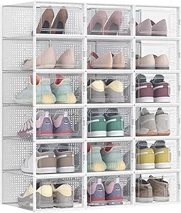SONGMICS Shoe Boxes, Pack of 18 Stackable Shoe Storage Organisers, Foldable and Versatile for Sneakers, Fit up to UK Size 9.5, Transparent and White LSP18SWT