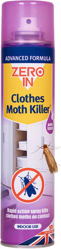 Zero In Clothes Moths Killer Spray- Fast-Acting Insecticide with Prallethrin & 1R Trans Phenothrin - Kills Moths on Contact - For Wardrobes, Textiles & Clothes - Long-Lasting Moth Spray, 300ml Aerosol