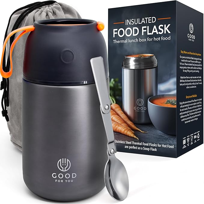 GOOD FOR YOU Food Thermos - Stainless Lunch Box for Hot or Cold Meals - Lunch Box for School, Office, Camping - Double Wall Insulated with Foldable Spoon and Bag - Grey