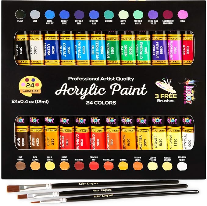 Acrylic Paint Set 24 Colours Canvas Paints Kit with 3 Paint Brushes for Crafts,Kids Paints, Paper, Rock Painting, Wood,Ceramic & Fabric Vibrant Colors (24 X 12ML)