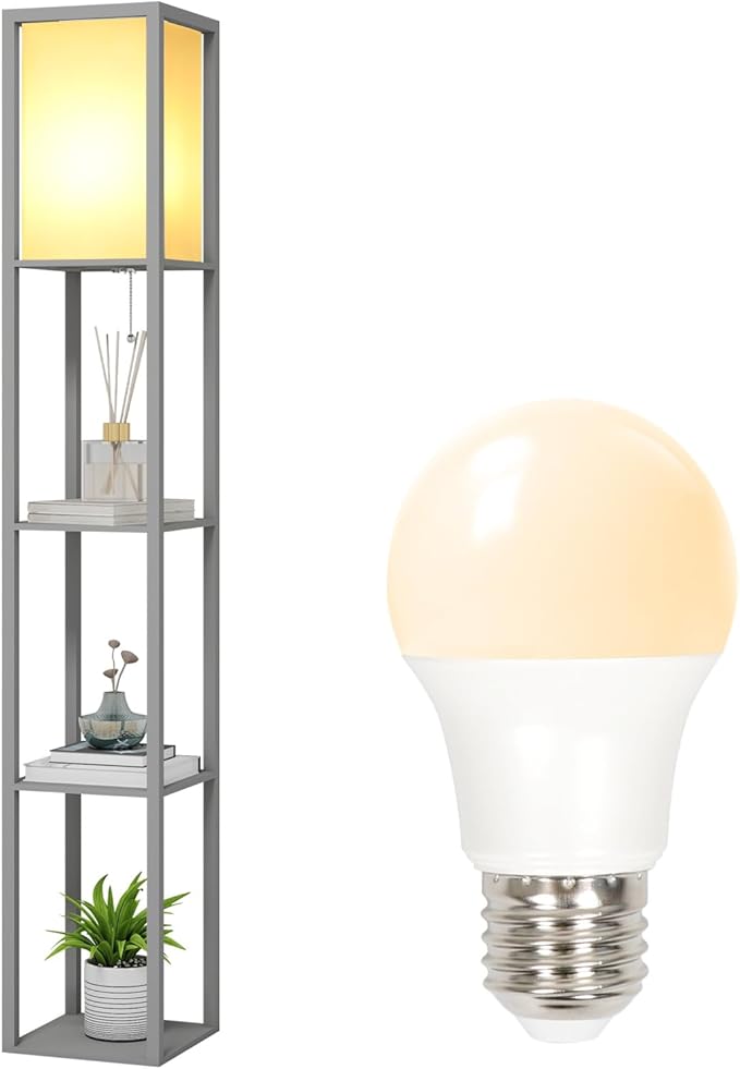 PULUOMIS Floor Lamp with Shelves, 3 Tier Storage Standing Lamp with 8W LED Bulb, Modern Shelf Floor Lamp for Living Room and Bedroom, Grey[Energy Class F]