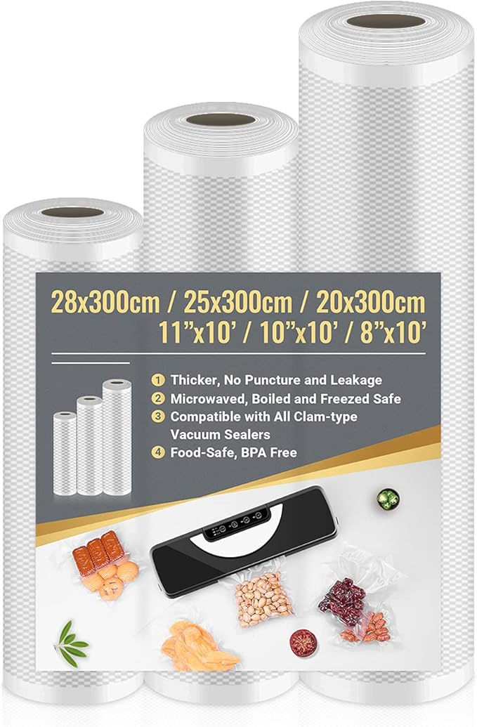 Vacuum Food Sealer Rolls, 3 Rolls Vacuum Food Sealer Bags 28cm x 300cm & 25cm x 300cm & 20cm x 300cm, Vacuum Sealer Rolls, Vacuum Sealer Machine Bags