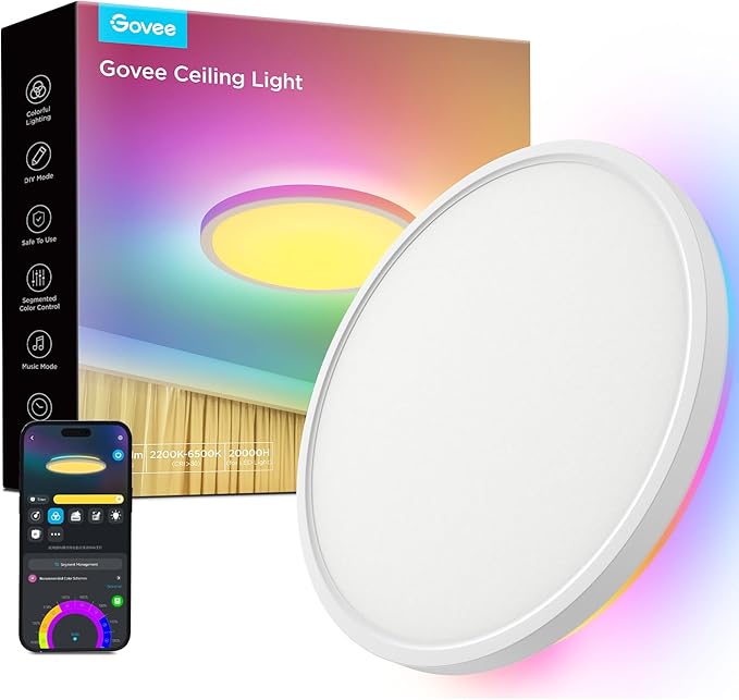 Govee LED Ceiling Light, 2400LM Smart RGBIC Flush Ceiling Lights 24W Work with Alexa & Google Assistant, for Bedroom Living Room, Round, Ø30cm[Energy Class F]