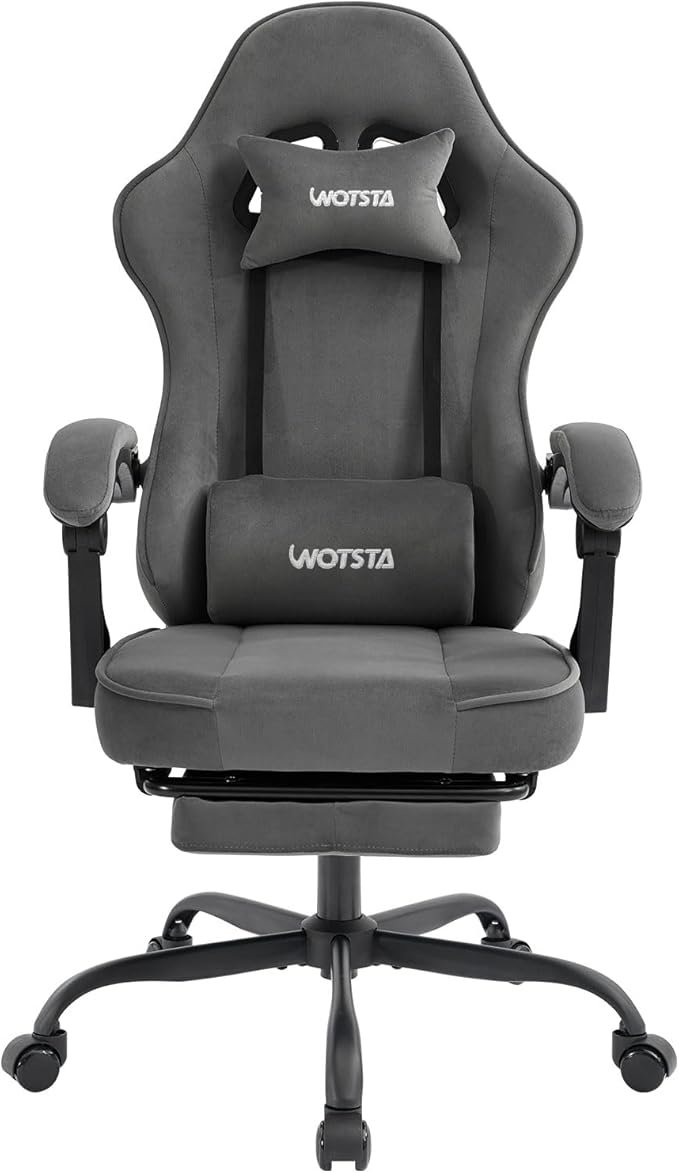 Gaming Chair for Adults, Ergonomic Gaming Chair with Footrest, Lumbar Support and Headrest, Adjustable Height computer chairs gaming, fabric gamer chair for Home Office, Grey