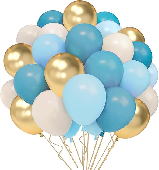 QIFU Blue and Gold Balloons Set, 52pcs 12 Inch Blue White and Gold Balloon with Helium Balloons Blue Gold Sand White for Boy Birthday Party Decorations Boho Wedding Baby Shower Baby Boy Graduation