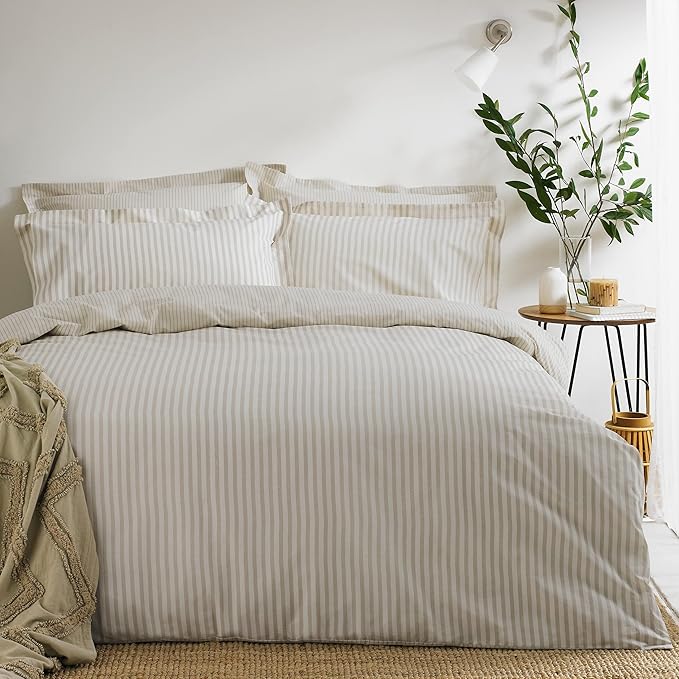 furn. Yard Hebden Mélange Stripe Cotton Duvet Set – Ultra Soft Reversible Striped Bedding (Natural – Super King)
