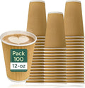 Zuvo 100 x Kraft 12 Ounce Ripple 3 Ply Disposable Insulated Paper Cups for Tea Coffee Cappuccino Hot Drinks, Brown