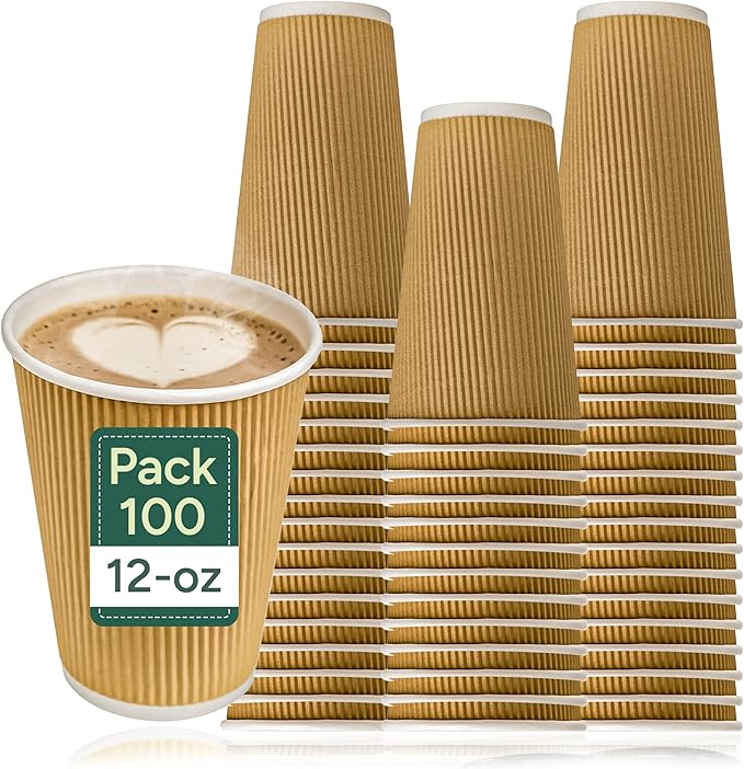 Zuvo 100 x Kraft 12 Ounce Ripple 3 Ply Disposable Insulated Paper Cups for Tea Coffee Cappuccino Hot Drinks, Brown