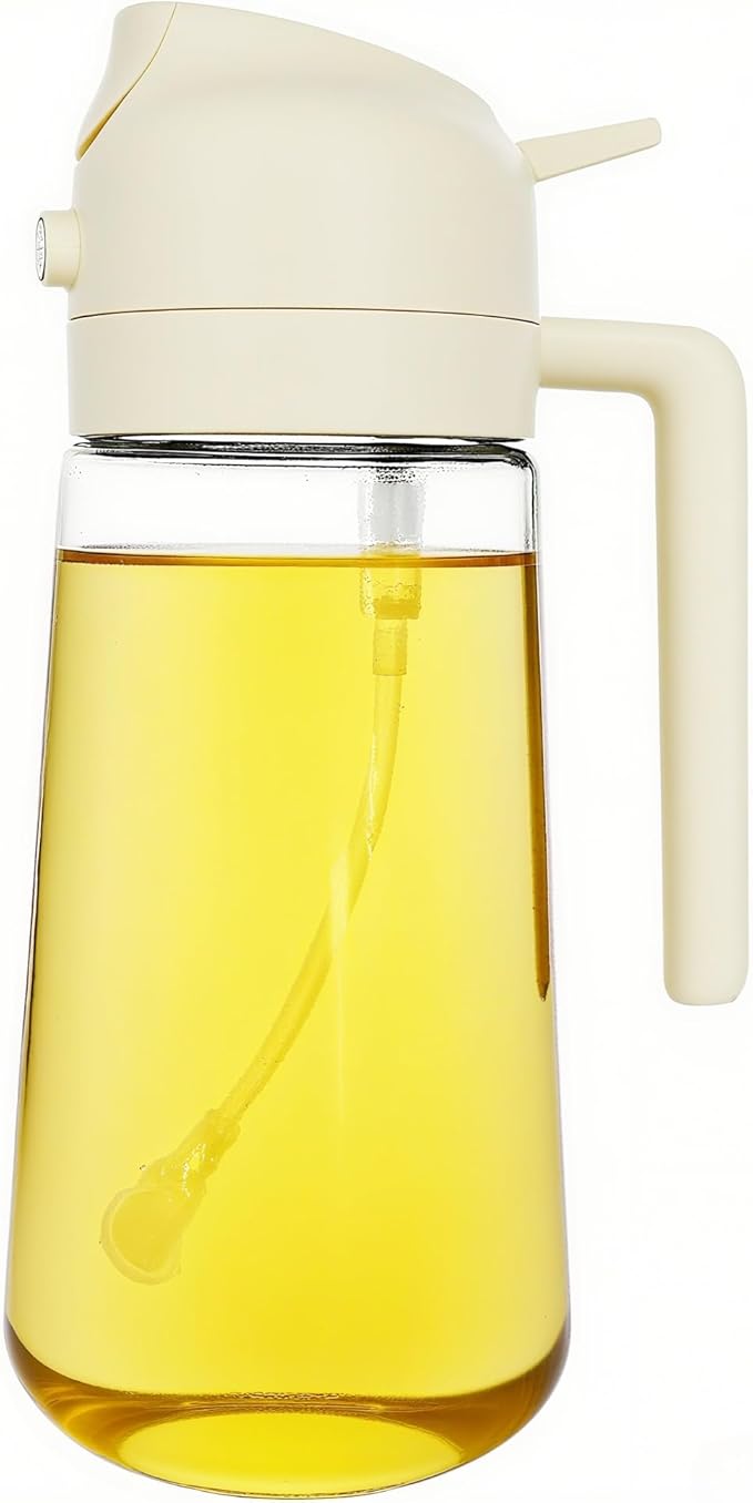 Oil Spray Bottle for Cooking, 500ML 2 in 1 Olive Oil Dispenser Sprayer for Kitchen Premium Clear Glass Bottle for Cooking, Air Fryer, BBQ, Salad, Beige